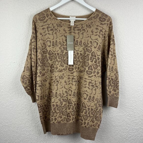 Chicos Sweater Womens 2 Large Tan Animal Print Loose Fit Oversized Tunic Neutral - Picture 2 of 11
